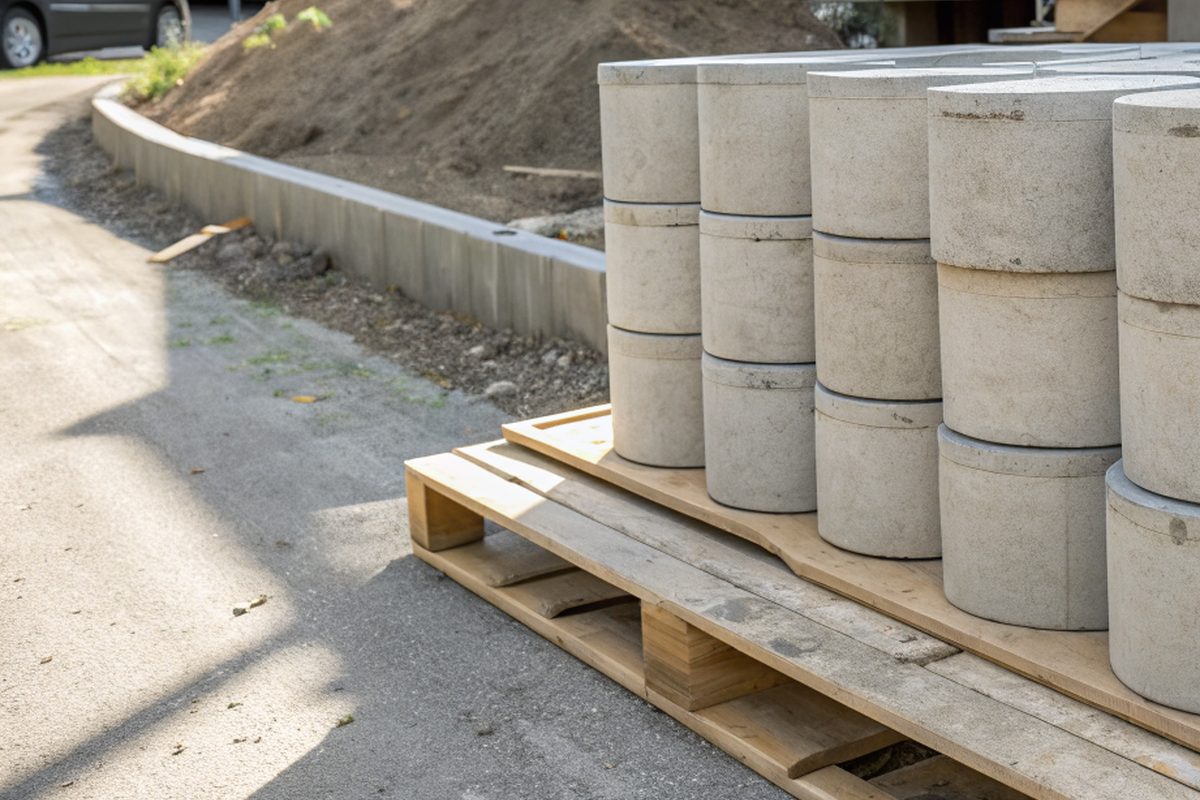 Precast concrete pier sections stacked beside a house
