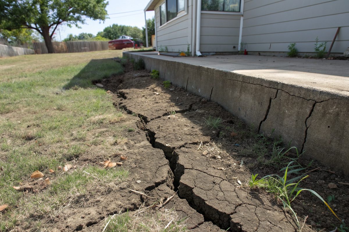 Wide drought cracks in dark clay soil beside a house foundation