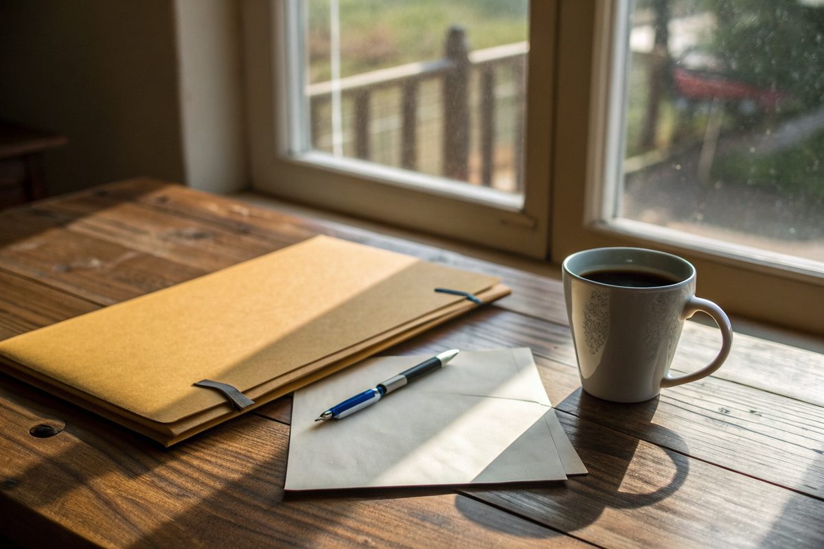 A folder, a pen and a mug of coffee on a kitchen table