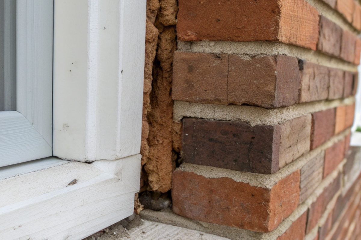 A gap between brick and window trim on a house wall