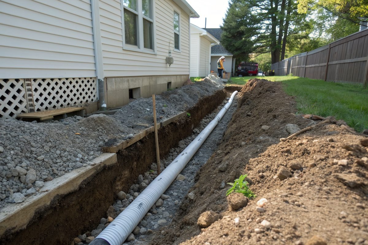 A gravel-filled drain trench along the side of a house