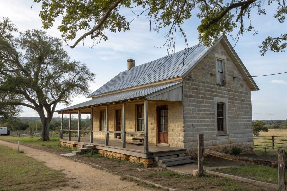 A historic German-Texan limestone house with a tin roof