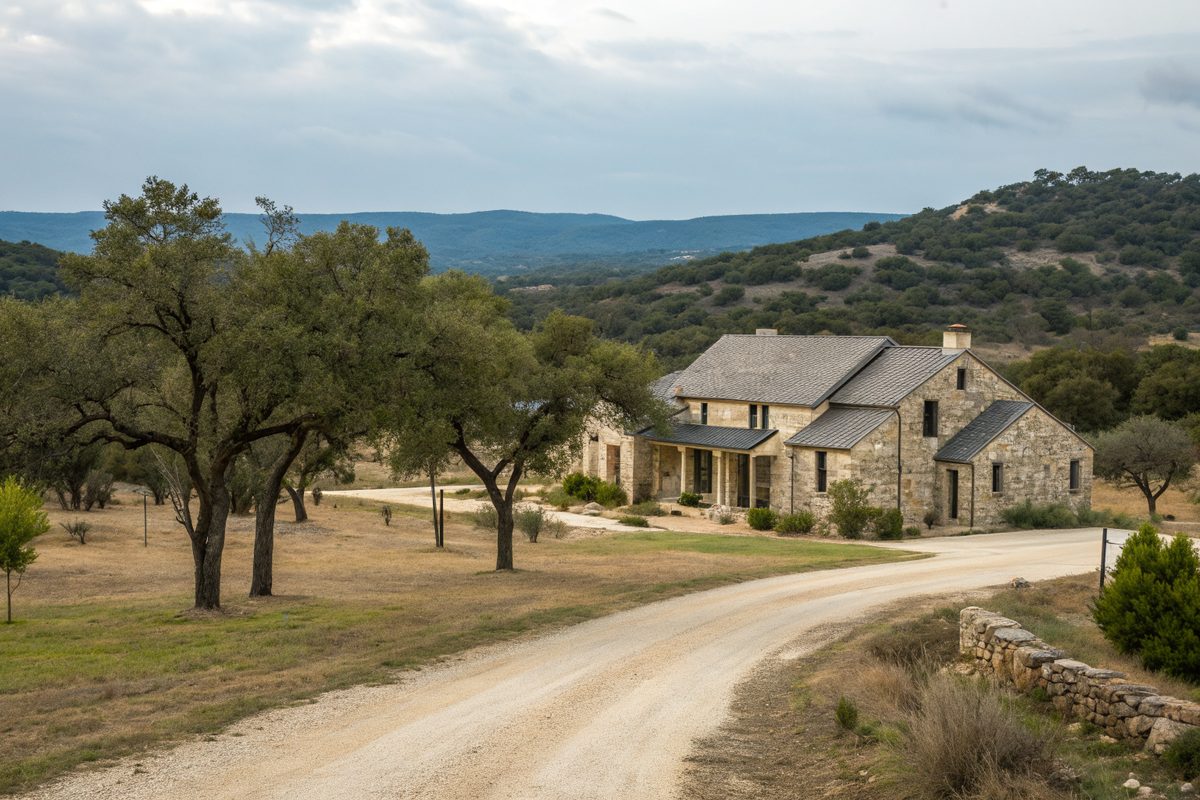 A stone house on Hill Country acreage with a long gravel drive