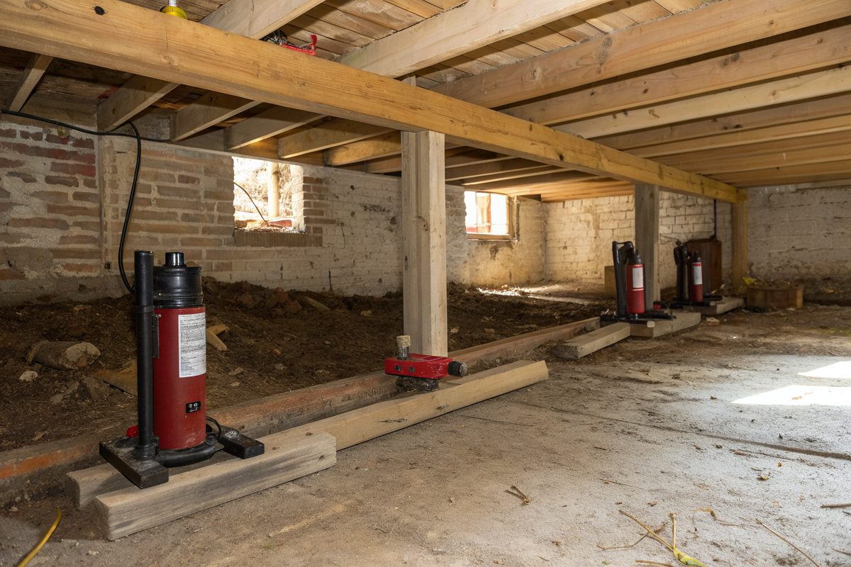 Hydraulic jacks and cribbing under a beam in a crawl space