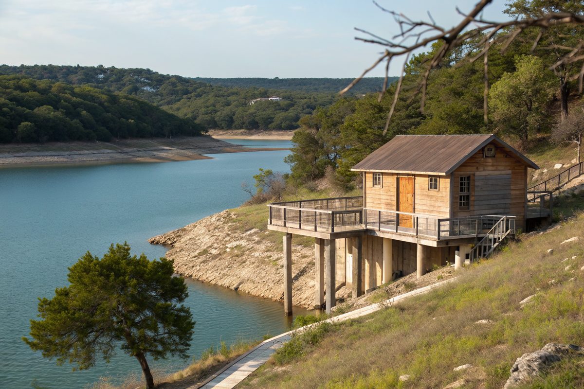 A lake cabin raised on piers above a Hill Country lake