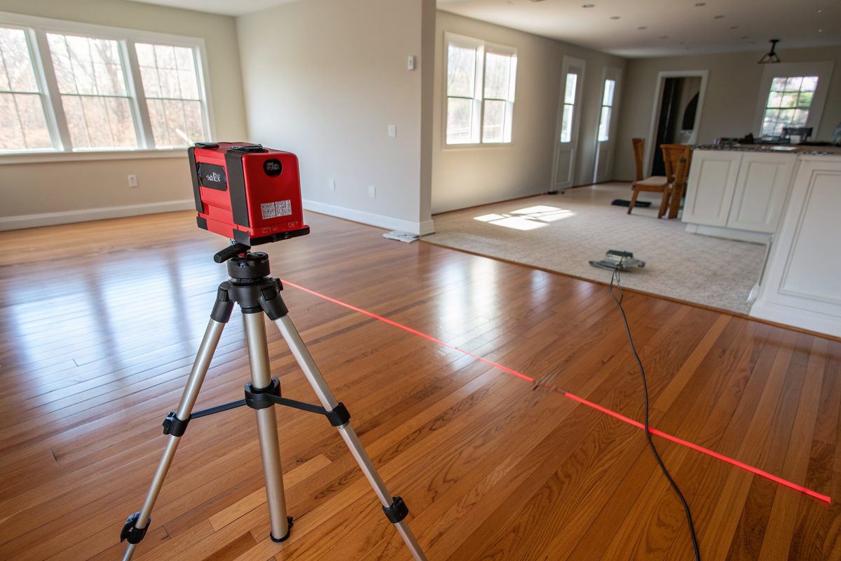 A laser level on a tripod measuring an interior floor