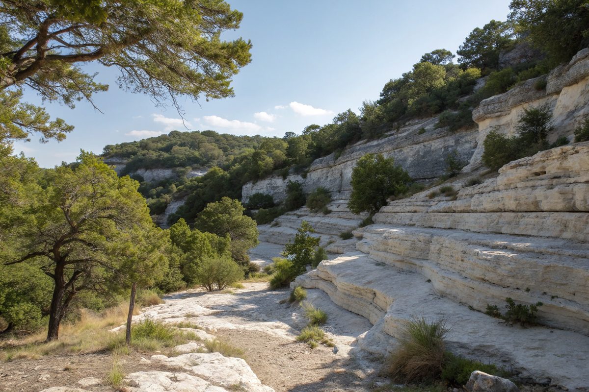 Limestone ledges and cedar trees on a Hill Country slope