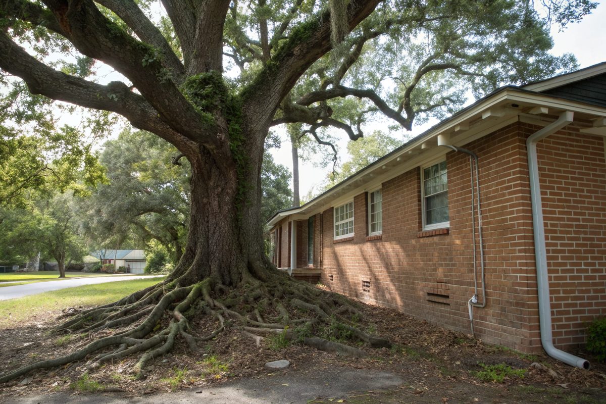A large live oak growing close to a brick house