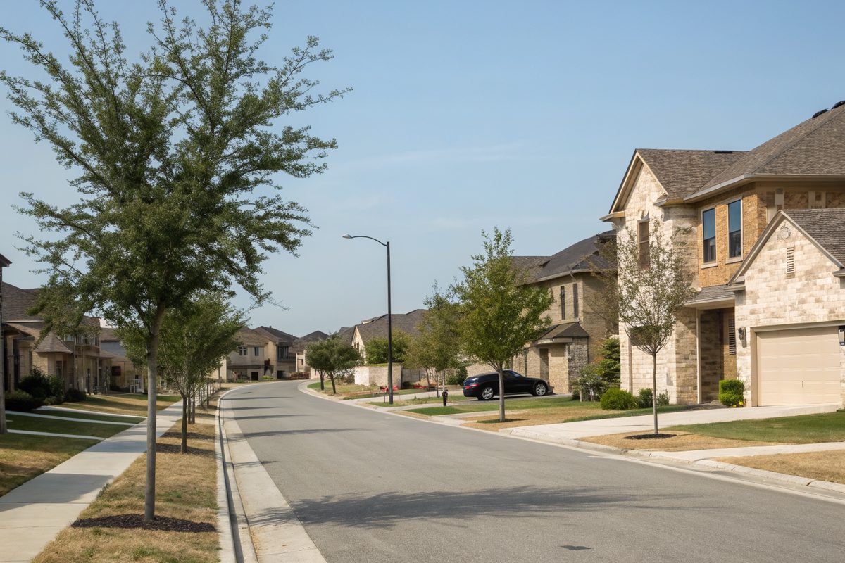 Newer stone and stucco homes on a Central Texas subdivision street