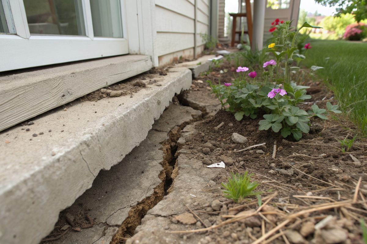 A gap between dry soil and the edge of a house slab