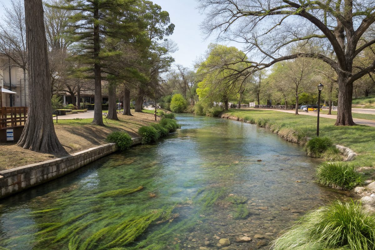 A clear spring-fed river under pecan and cypress trees