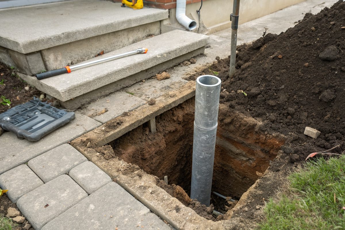 A dug-out pier hole beside a house slab, ready for a steel pier