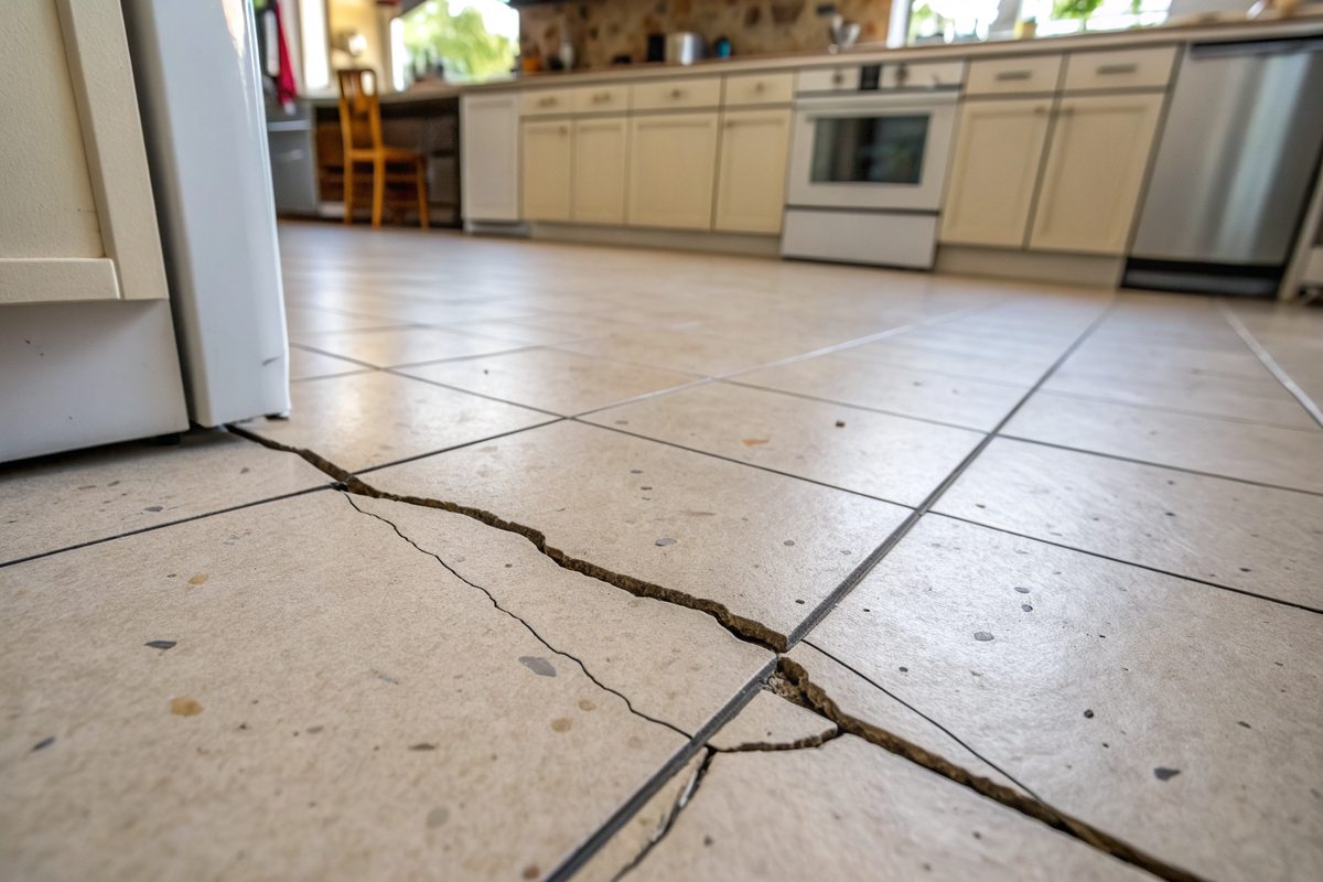 A crack running across ceramic floor tiles